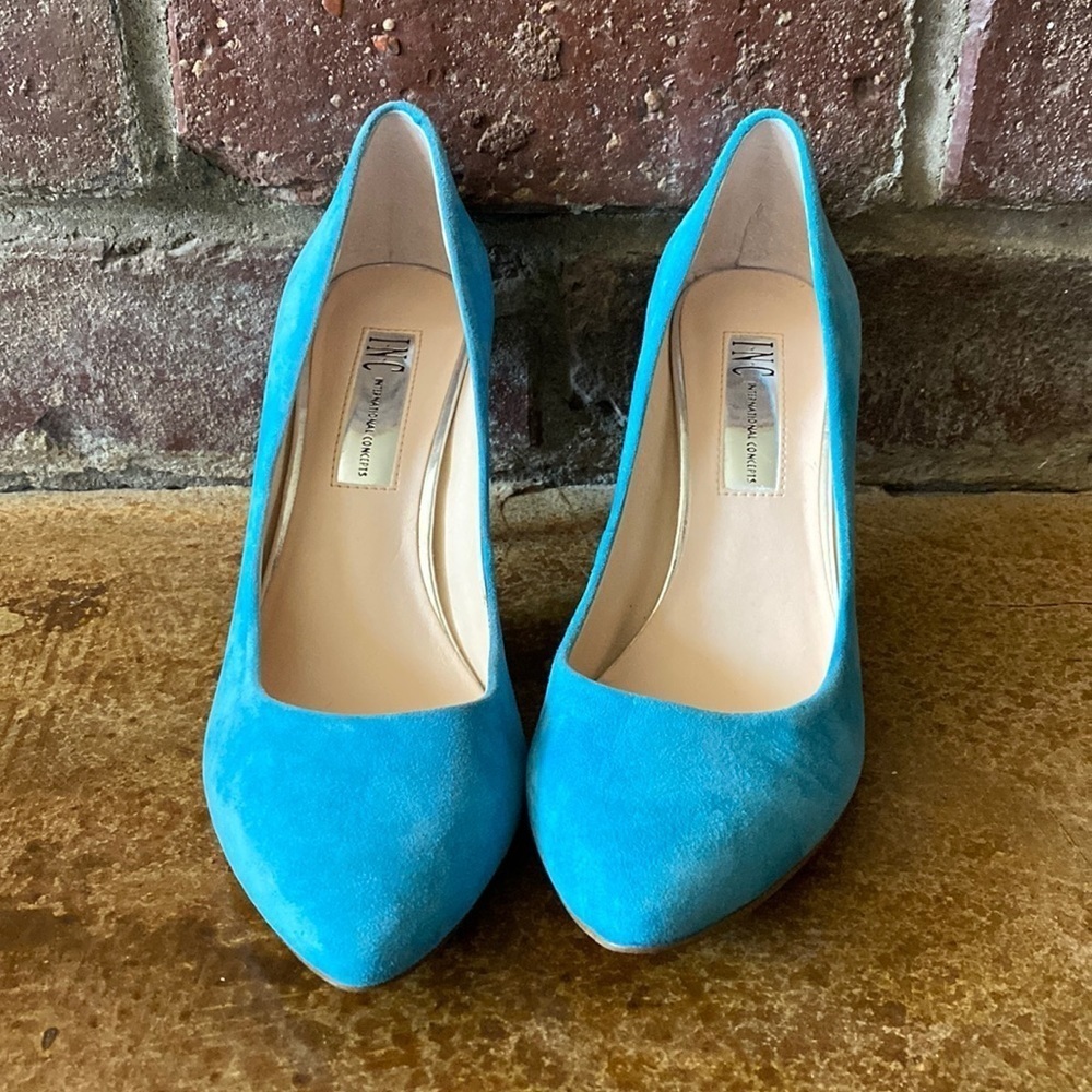 INC International Concepts aqua blue suede leather pointy toe heels